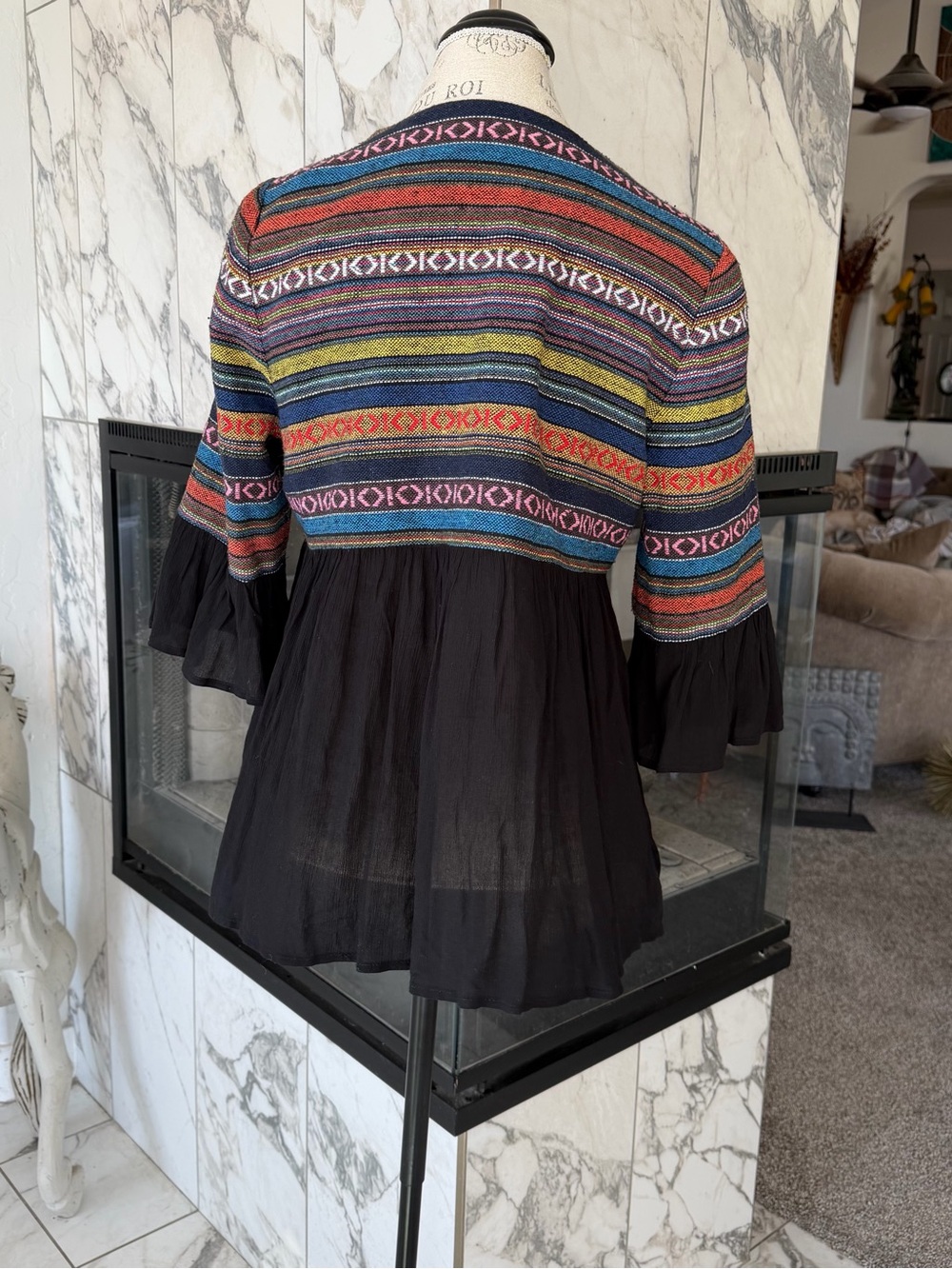 Pleione Anthropology Multicolor Striped Yoke Black Tie-Front Peasant Top M - Picture 7 of 9
